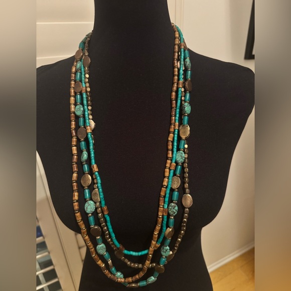 Boho Multi-Strand Turquoise & Brass Colored Bead Necklace - Picture 1 of 2
